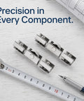 Tough As Nails Sliding Door Rollers Set Of Eight Premium Steel Pulley Wheels installed on a tape measure and blueprint background.