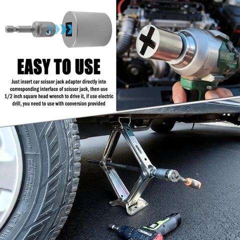 Heavy Duty Universal Scissor Jack Drill Adapter Kit Fast Car Lift Converter for Hand Drills and Impact Wrenches shown in use with drill.