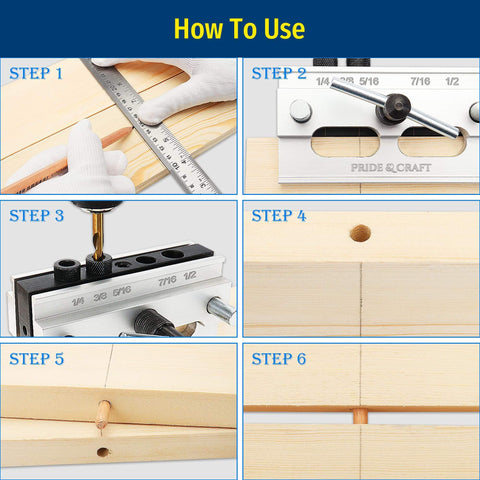 Steps for using Self Centering Dowel Jig Kit With Six Drill Guide Bushings For Precise Straight Holes In Woodworking Projects