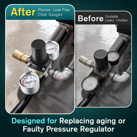 Before and after images of Air Regulator With 0 To 200 Psi Gauge And Four Port Adjustable Regulator, replacement kit for air compressors.