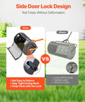 Comparison of Heavy Duty Compost And Seed Spreader 24 Inch Wide Peat Moss Spreader With T Shaped Handle Adjustable Heights showing side door lock design.