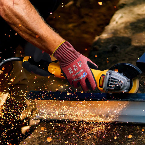 Person using cut resistant nitrile coated work gloves with firm grip ANSI A4 palm dip for dry oily parts in woodworking