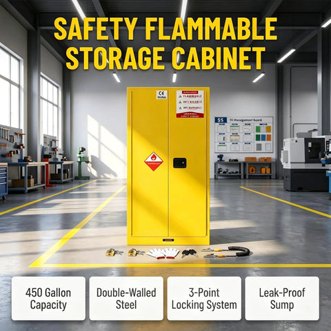 40 By 40 By 75 Inch Flammable Safety Cabinet 450 Gallon Heavy Duty 2 Door Fireproof Storage in industrial setting