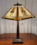 Mission Banker Style Stained Glass Table Lamp 23 Inch Tall With White Tan Brown Yellow Antique Vintage Tribal Glass shade