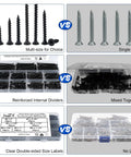 Comparison of 155 Piece Black Oxide Wood And Drywall Screw Assortment Kit With Phillips Countersunk Heads in organized vs mixed storage.