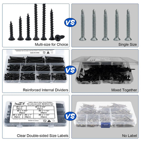 Comparison of 155 Piece Black Oxide Wood And Drywall Screw Assortment Kit With Phillips Countersunk Heads in organized vs mixed storage.