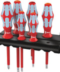 Insulated VDE Stainless Screwdriver Set With Ergonomic Kraftform Handles, Six Piece Rack Included, displayed on black rack