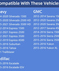 Compatible vehicles list for Chevy, GMC, and Cadillac including Silverado, Savana, Express models from 2012 to 2021.