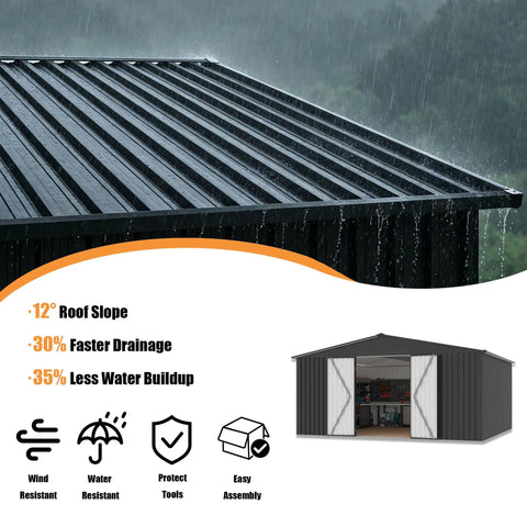 14x12 Ft Metal Outdoor Storage Shed with sloped roof, rainwater drainage features, and open doors showing interior storage space.