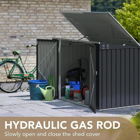Outdoor Metal Storage Shed 5.8 x 3.3 Ft Weatherproof Lockable Yard Storage with Hydraulic Lid Strut open with garden tools inside