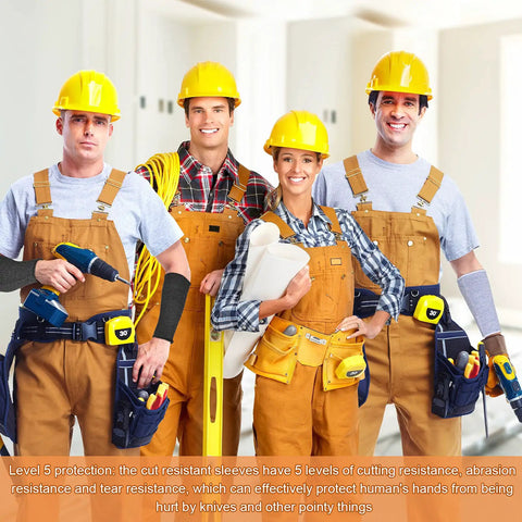 Construction workers wearing 4 Pack Forearm Sleeves For Thin Skin Anti Cut Burn Resistant Covers For Cooking And Construction Work All Day Comfy One Size Fits Most Durable Flexible Fabric Black Purple Gray Beige