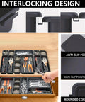 50 Pack Tool Box Organizer Tray Set With 3 Size Trays in desk drawer, showcasing interlocking design and tool storage.