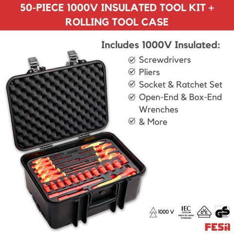 Master Electrician Insulated Tool Set With 50 Knuckle Buster Pliers And Screwdrivers Inside a rock solid rolling carry case, tools organized.