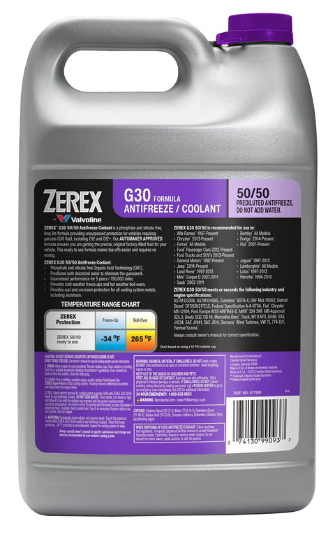 Top Shelf Ready To Roll Antifreeze Coolant Featuring Phosphate Silicate Free Organic Acid Formula For Real Deal Engine Guard Against Freezing Overheating And Rust In A Prediluted Ready To Pour Mix Case Of Six Gallons, showing Zerex G30 jug.