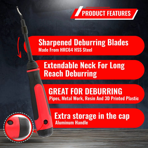 Front view of an extendable-neck deburring tool with red and black handle and swiveling blade tip.
