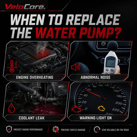 When to replace the water pump graphic showing overheating engine, abnormal noise, coolant leak, and warning light.