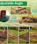 All In One 3 In 1 Thatch Rake for Lawn Care with 15 Inch Width Adjustable 40 to 70 Inch Handle dethatching rake in use on lawn