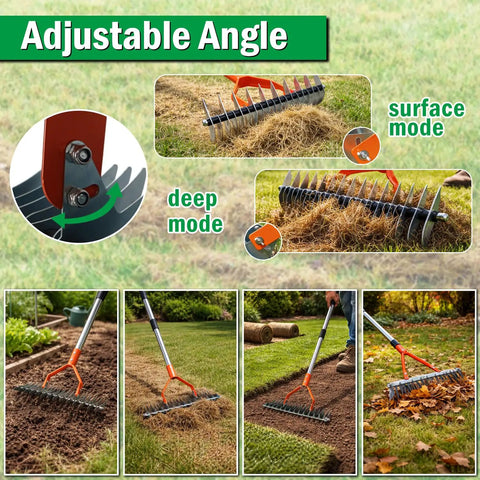 All In One 3 In 1 Thatch Rake for Lawn Care with 15 Inch Width Adjustable 40 to 70 Inch Handle dethatching rake in use on lawn