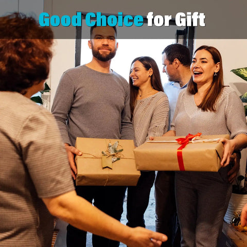 Group of people exchanging gift-wrapped presents, labeled as a good choice for gift.