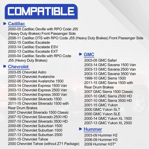 Compatibility list for Front Wheel Hub Bearing And Mounting Bolt Kit For GM Rides And SUVs Including Silverado 1500 2500 3500 Astro Avalanche Suburban Express Tahoe Escalade Yukon Sierra 15719028.