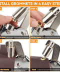 All In One 700 Set Grommet Kit With Magnetic Pliers showing 4-step grommet installation process on fabric