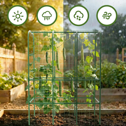 62 Inch Tall Cucumber Trellis For Raised Beds, showcasing U shape metal arch trellis supporting climbing plants outdoors, sun and rain