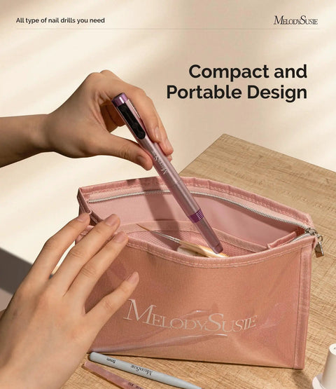 Compact Cordless Nail Drill With 30000 Rpm Motor Pen Shape Handle for quick acrylic shaping in a portable pouch.
