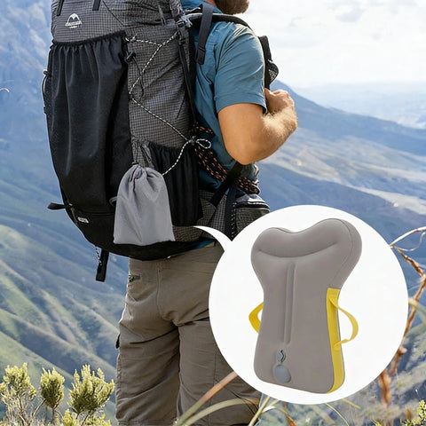 Inflatable Travel Pillow For Airplane With Ergonomic Hug Design And Built In Push Button Pump 360 Neck And Chin Support in hiker backpack