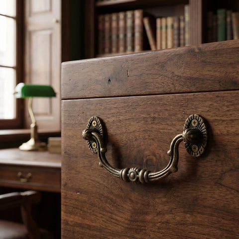 Antique-style metal pull handle on wooden furniture from Durable Jewelry Box Hinges And Latches Kit For DIY Restoration