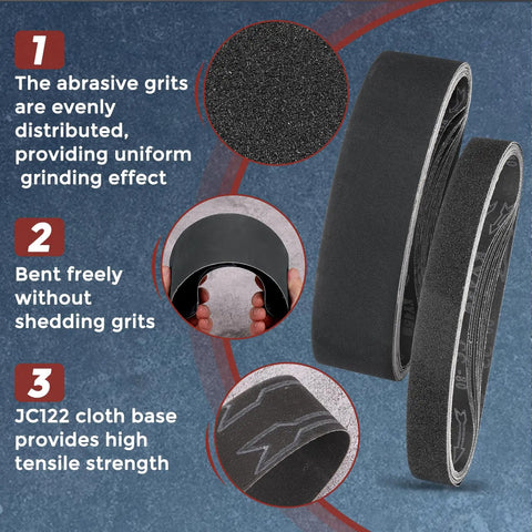 Badass 2X72 Sanding Belts 24 Grit Silicon Carbide 6 Pack showing grits distribution and flexibility, 2x72 inch design.