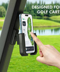 Magnetic Golf Cart Phone Holder Rotatable Mount for iPhone, attached to cart frame, showing GPS, hand operating clamp.