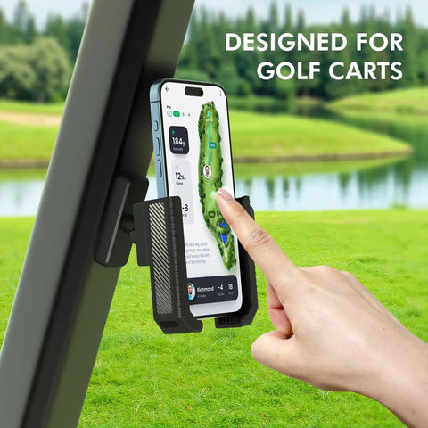 Magnetic Golf Cart Phone Holder Rotatable Mount for iPhone, attached to cart frame, showing GPS, hand operating clamp.