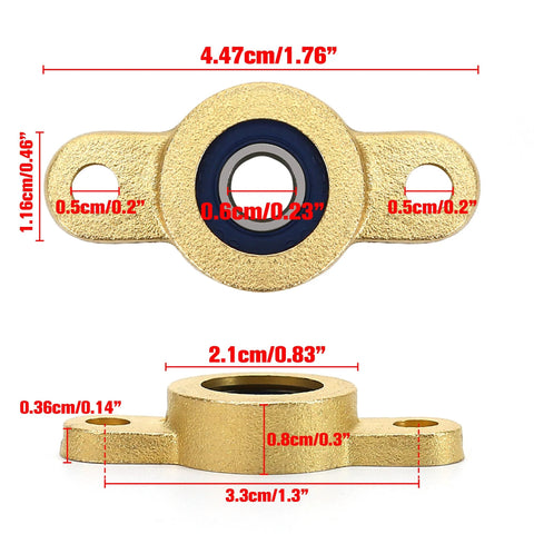 4-pack pillow block bearing with gold and blue bore for 6 mm shaft; cast-iron housing, 1/4 in bore, 2-bolt flange