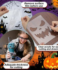 8Pcs Halloween Acrylic Router Templates Set for Scary Pumpkin Face Carving and Door Mats Stencils, clear acrylic being used for easy cutting.
