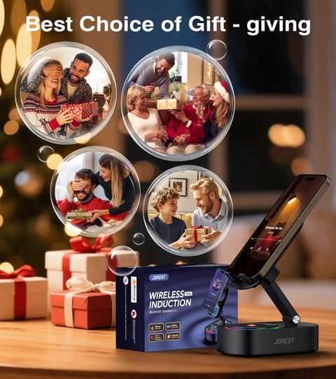 Wireless Induction Speaker Phone Stand With Bluetooth Audio Amplifier Foldable For iPhone Android And iPad shown with gift boxes