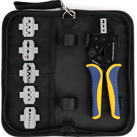6 In 1 Ratchet Crimping Tool Kit With Interchangeable Dies For Heat Shrink, Insulated And Non Insulated Ferrule Open Barrel Connectors