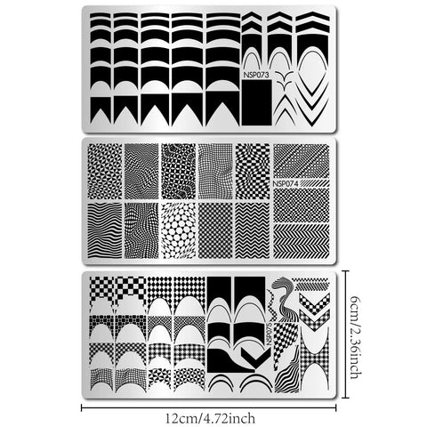 Premium Nail Stamping Plates Set Of Three Featuring Killer French Tip And Geometric Checkerboard Patterns Totally Slaying Your At Home Manicure Game While Adding Legit Salon Quality Vibes To Every Session in an arranged layout of black designs.