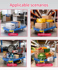 Heavy Duty Platform Hand Truck Featuring 360 Degree Swivel Wheels And Adjustable Safety Rail in various settings like offices and supermarkets.