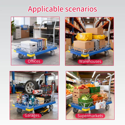 Heavy Duty Platform Hand Truck Featuring 360 Degree Swivel Wheels And Adjustable Safety Rail in various settings like offices and supermarkets.