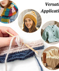 Three Different Sized Nalbinding Needle Set For Knitting And Crochet Large Wooden Bamboo Yarn Needles For Weaving Stitching Embroidery And Craft Projects Durable Lightweight Tools shown with various knitted items and a hand using one needle.