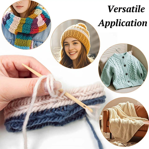 Three Different Sized Nalbinding Needle Set For Knitting And Crochet Large Wooden Bamboo Yarn Needles For Weaving Stitching Embroidery And Craft Projects Durable Lightweight Tools shown with various knitted items and a hand using one needle.