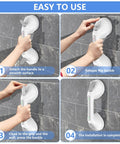 Installation steps for 12 Inch Gray Suction Grab Bar With Indicators 2 Pack No Drill Shower Handrail on tile wall.