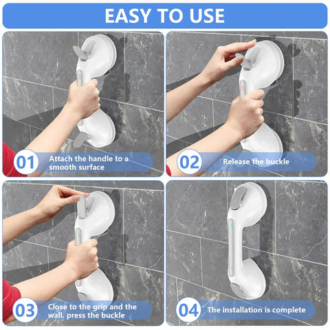 Installation steps for 12 Inch Gray Suction Grab Bar With Indicators 2 Pack No Drill Shower Handrail on tile wall.