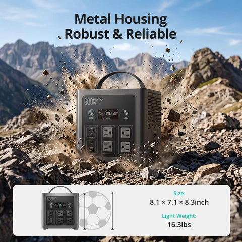 Keep All Your Gear Juiced During Your Latest Adventure With This Hella Reliable Portable Power Station Featuring 640Wh Capacity And 600W Output, robust metal housing on rocky terrain.