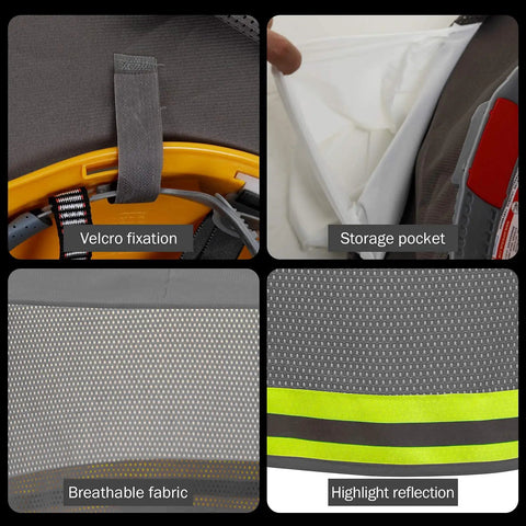 Details of the Full Brim Hard Hat Sun Shield Neck Guard 2 Pack with high visibility reflective strips and breathable mesh.