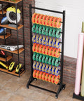 Badass Heavy Duty Steel Storage Rack Built Different For Garage Organization Setup with colorful vinyl rolls and a wheeled base.