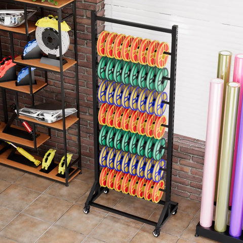 Badass Heavy Duty Steel Storage Rack Built Different For Garage Organization Setup with colorful vinyl rolls and a wheeled base.
