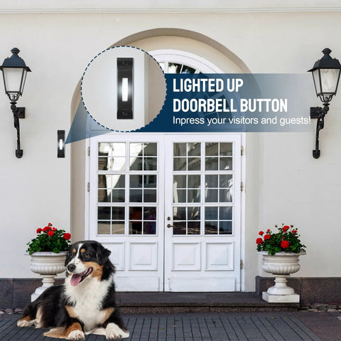 Lighted Wired Doorbell Button With Metal Wall Mount In Black Waterproof LED Push Button For Home Durable Weatherproof Doorbell Easy Install No Fuss High Visibility Illumination Long Lasting Performance on white house exterior