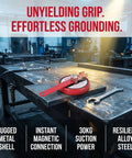 Super Tough Magnetic Welding Ground Clamp With Heavy Duty Alloy Steel Build And Epic 30kg Suction Power Plus Durable Anti-Collision Shell on a metal workbench.