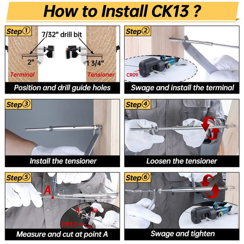 Installation steps for Premium Cable Railing Kit For Wood Posts Decks with T316 Stainless Steel swage lag screws and turnbuckles
